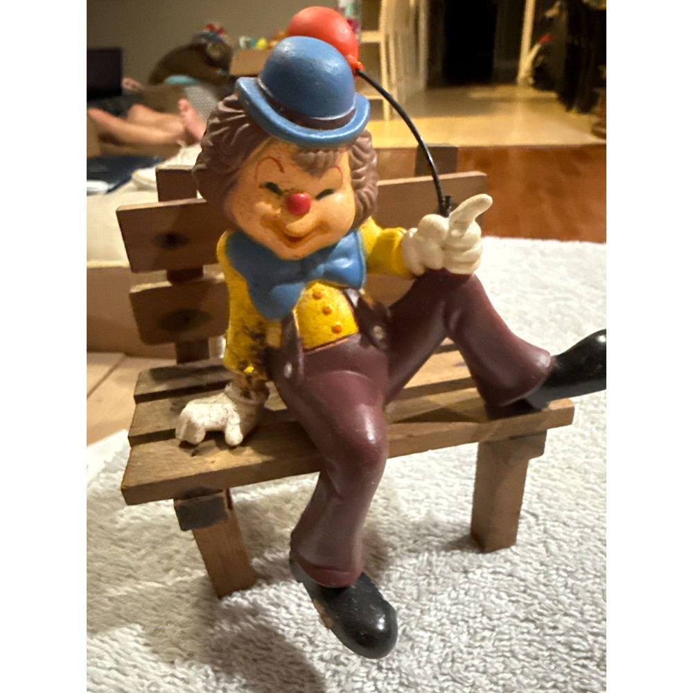 Vintage Enesco Clown Figurine on Wooden Park Bench with Red Balloon Decor